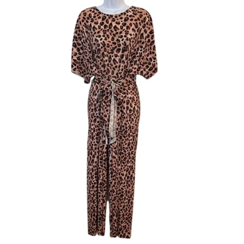 ASOS Leopard Print Wide Leg Jumpsuit Kimono Sleeve Tie Waist Women's US 8‎